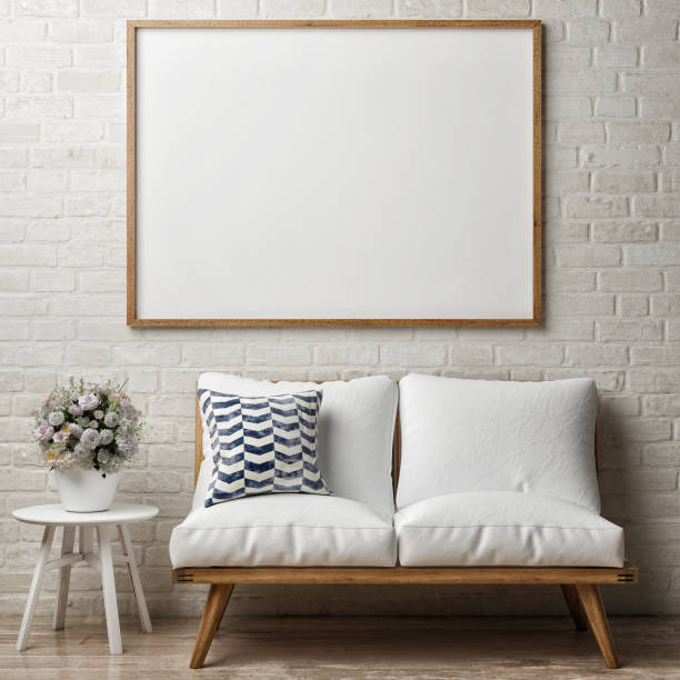 istock Close up poster on white brick wall, hipster interior 642333136