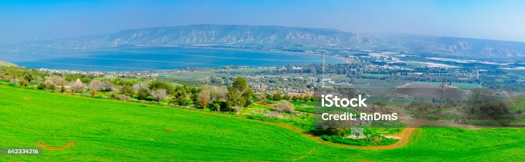 The Sea of Galilee Panoramic view of the southern part of the Sea of Galilee, and nearby villages, in northern Israel Galilee Stock Photo