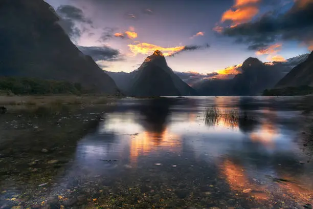 Lovely sunset at Milford Sound in Fiordland National Park (Pioiotah), South Island of New Zealand