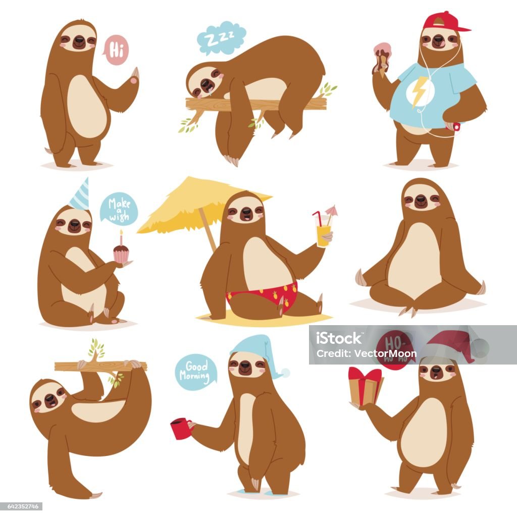 Laziness sloth animal character different pose like human cute lazy cartoon kawaii and slow down wild jungle mammal flat design vector illustration Laziness sloth animal character different pose like human cute lazy cartoon kawaii and slow down wild jungle mammal flat design vector illustration. Cheerful wildlife forest art happy zoo. Laziness stock vector