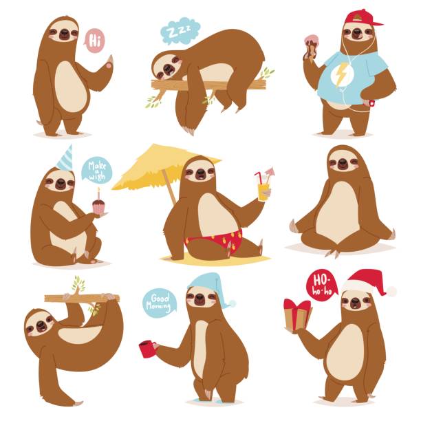 Laziness sloth animal character different pose like human cute lazy cartoon kawaii and slow down wild jungle mammal flat design vector illustration Laziness sloth animal character different pose like human cute lazy cartoon kawaii and slow down wild jungle mammal flat design vector illustration. Cheerful wildlife forest art happy zoo. lazy stock illustrations
