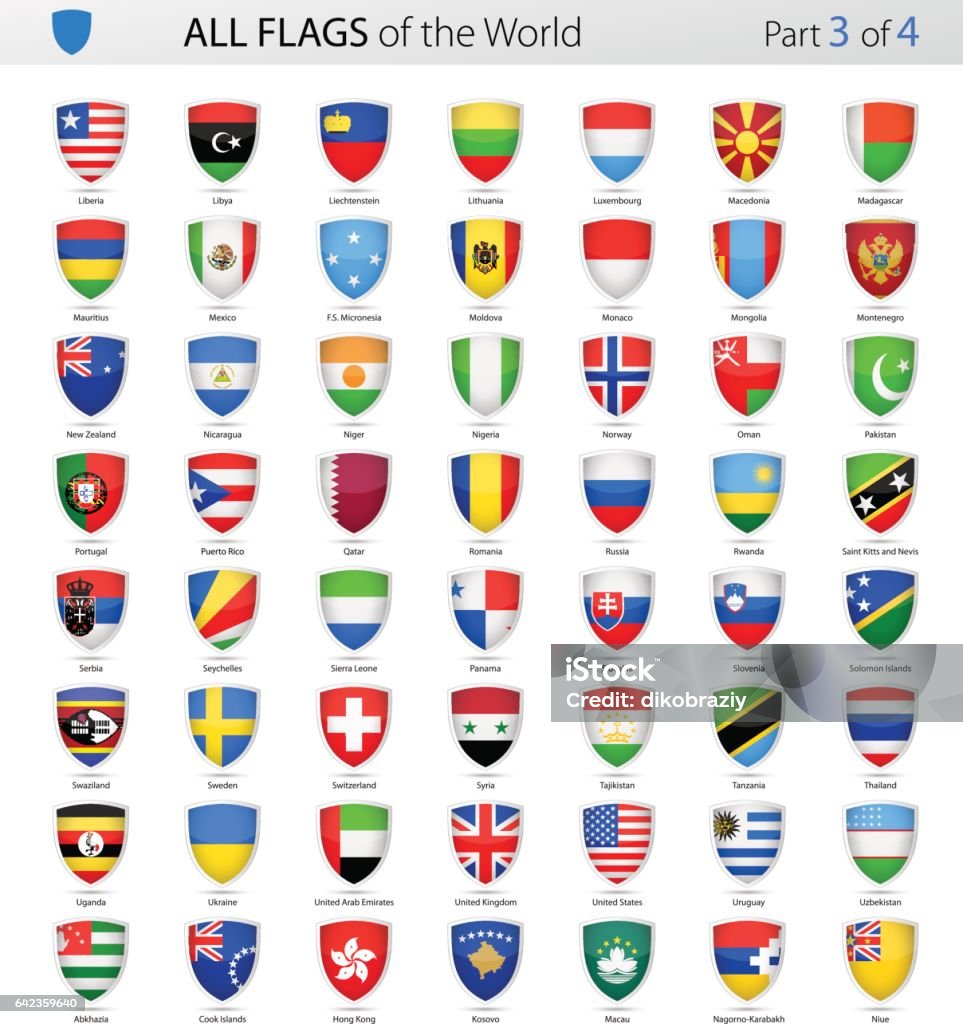 All World Shield Vector Flags - Collection Vector Collection of All World Vector Flags Country - Geographic Area stock vector