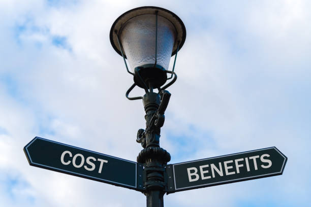 istock Cost versus Benefits directional signs on guidepost 642373202