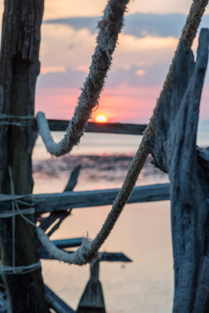 Makeshift structure of beach bar on tropical island, made of drift wood and ropes, selective focus on rope, at sunset, sea in background