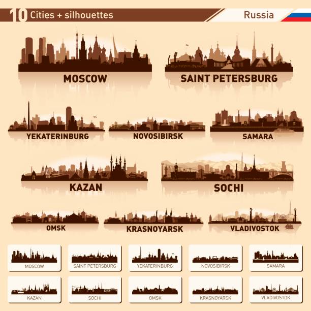 городской горизонт установил 10 векторных силуэтов россии - сочи stock illustrations