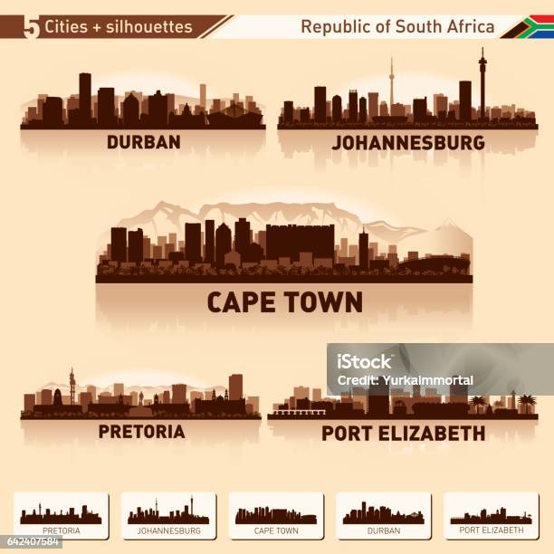 街のスカイラインを南アフリカ共和国の 10 のベクトル シルエットを設定 - 都市の全景のベクターアート素材や画像を多数ご用意 - 都市の全景, ヨハネスブルグ, ケープタウン
