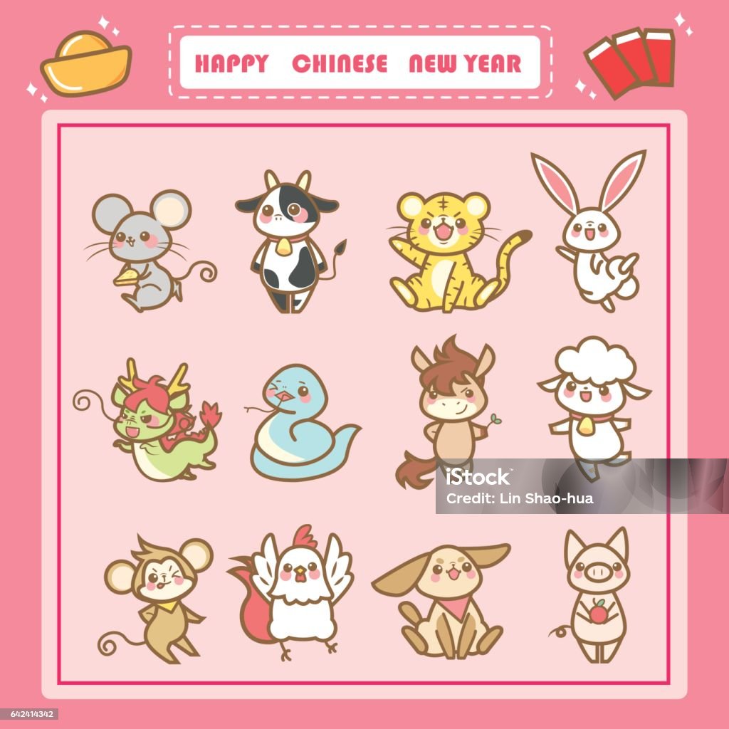 zodiaque chinois dessin animé mignon - clipart vectoriel de Signe du zodiaque chinois libre de droits