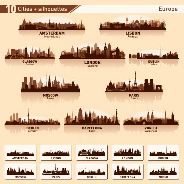 şehir manzarası avrupa # 1 10 vector silhouettes ayarla - spain switzerland stock illustrations
