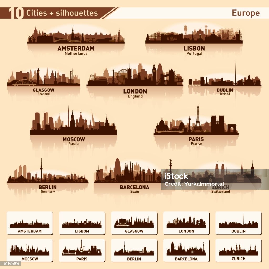 City skyline set 10 vector silhouettes of Europe #1 City skyline set. Europe. Vector silhouette illustration. Urban Skyline stock vector