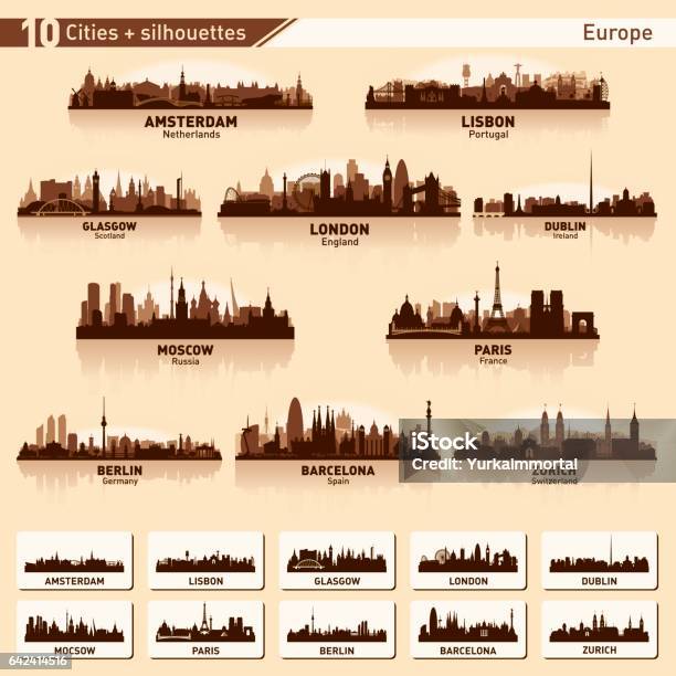 City Skyline Set 10 Vector Silhouettes Of Europe 1 Stock Illustration - Download Image Now
