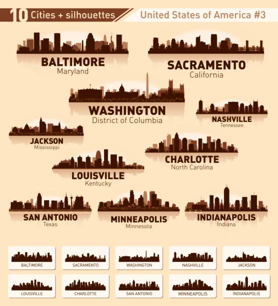 City skyline set. 10 city silhouettes of USA #3 City skyline set. USA. Vector silhouette background illustration. minneapolis illustrations stock illustrations