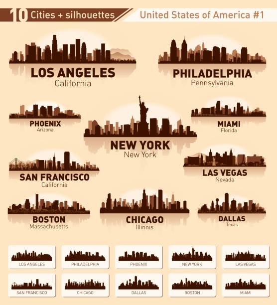 stadt skyline gesetzt. 10 stadt-silhouetten der usa #1 - boston urban scene skyline skyscraper stock-grafiken, -clipart, -cartoons und -symbole