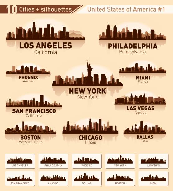 City skyline set. 10 city silhouettes of USA #1 City skyline set. USA. Vector silhouette background illustration. silhouette of a downtown miami skyline stock illustrations