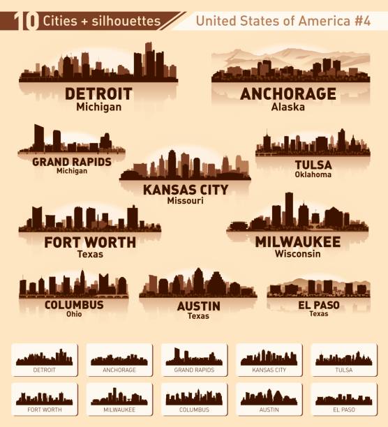 illustrations, cliparts, dessins animés et icônes de jeu de ville de skyline. 10 silhouettes de ville des usa #4 - austin texas skyline texas cityscape