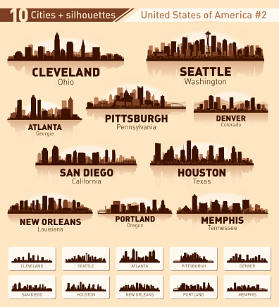 City skyline set. USA. Vector silhouette background illustration.