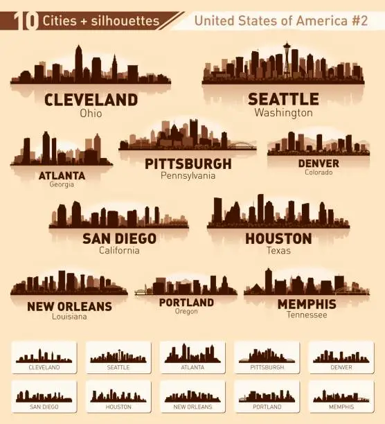 Vector illustration of City skyline set. 10 city silhouettes of USA #2