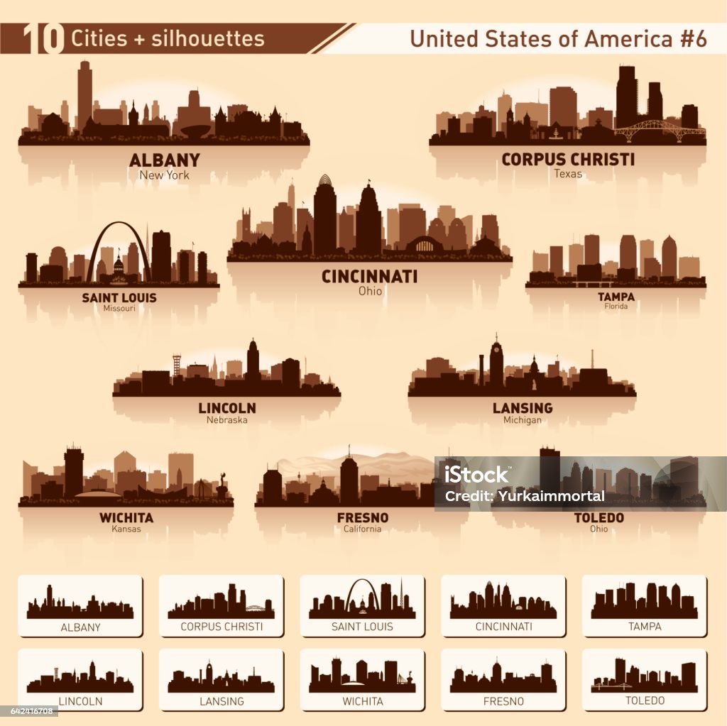 City skyline set. 10 city silhouettes of USA #6 City skyline set. USA. Vector silhouette background illustration. Urban Skyline stock vector