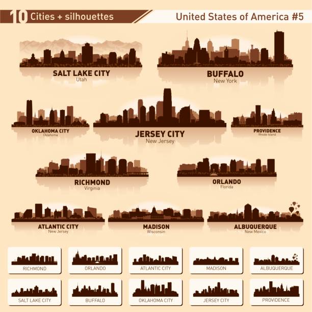 ilustrações, clipart, desenhos animados e ícones de conjunto de horizonte da cidade. 10 silhuetas de cidade dos estados unidos #5 - albuquerque new mexico skyline building exterior