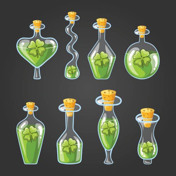 illustrazioni stock, clip art, cartoni animati e icone di tendenza di set con bottiglie di pozione trifoglio - antidote toxic substance ingredient bottle