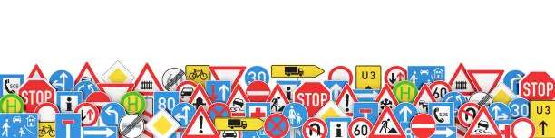 Many different traffic signs isolated white background, 3D rendering