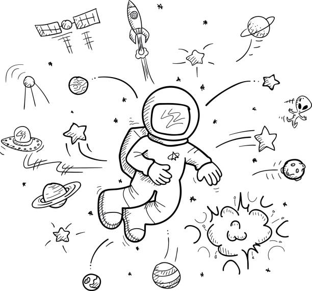 Hand drawn space collection Planets, aliens, stars and other space objects. astronaut drawings stock illustrations