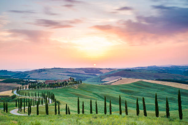 Crete Senesi, Asciano, Tuscany, Italy Crete Senesi, Asciano, Val d'Orcia, Tuscany, Italy. A lonely farmhouse with cypress and olive trees, rolling hills. crete senesi stock pictures, royalty-free photos & images