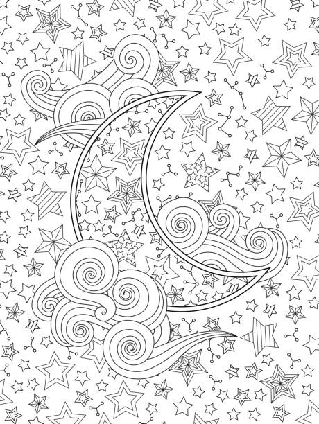Contour image of moon crescent clouds, stars on the sky in doodle style isolated on white. Contour image of moon crescent clouds, stars on the sky in doodle style isolated on white. Vertical composition. Coloring book page for adult. Editable vector illustration. adult coloring pages mandala stock illustrations