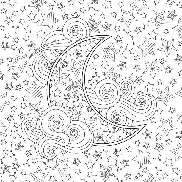 Contour image of moon crescent clouds, stars in inspired doodle style. Contour image of moon crescent clouds, stars in inspired doodle style. Square composition. Coloring book page for adult and older children. Editable vector illustration. adult coloring pages mandala stock illustrations