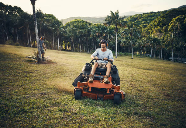 Portrait of a happy landscaper on a ride-on lawnmower in a park