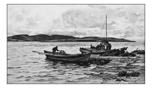 античная фотография картин: рыбацкие лодки - illustration and painting retro revival sailboat antique stock illustrations