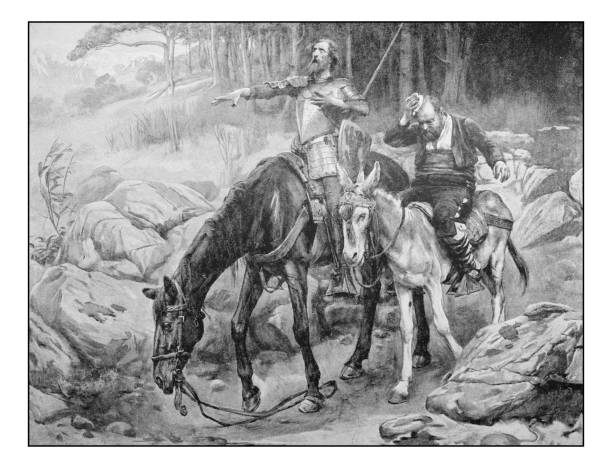Antique photo of paintings: Don Quixote and Sancho Panza Antique dotprinted photo of paintings: Don Quixote and Sancho Panza vintage funny photos stock illustrations