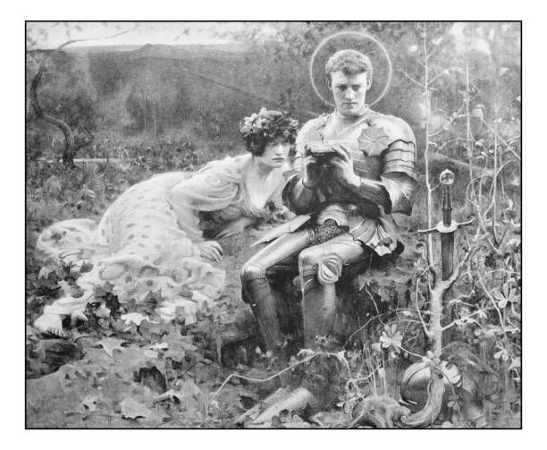 Antique photo of paintings: The temptation of Sir Percival Antique dotprinted photo of paintings: The temptation of Sir Percival arthurian legend stock illustrations