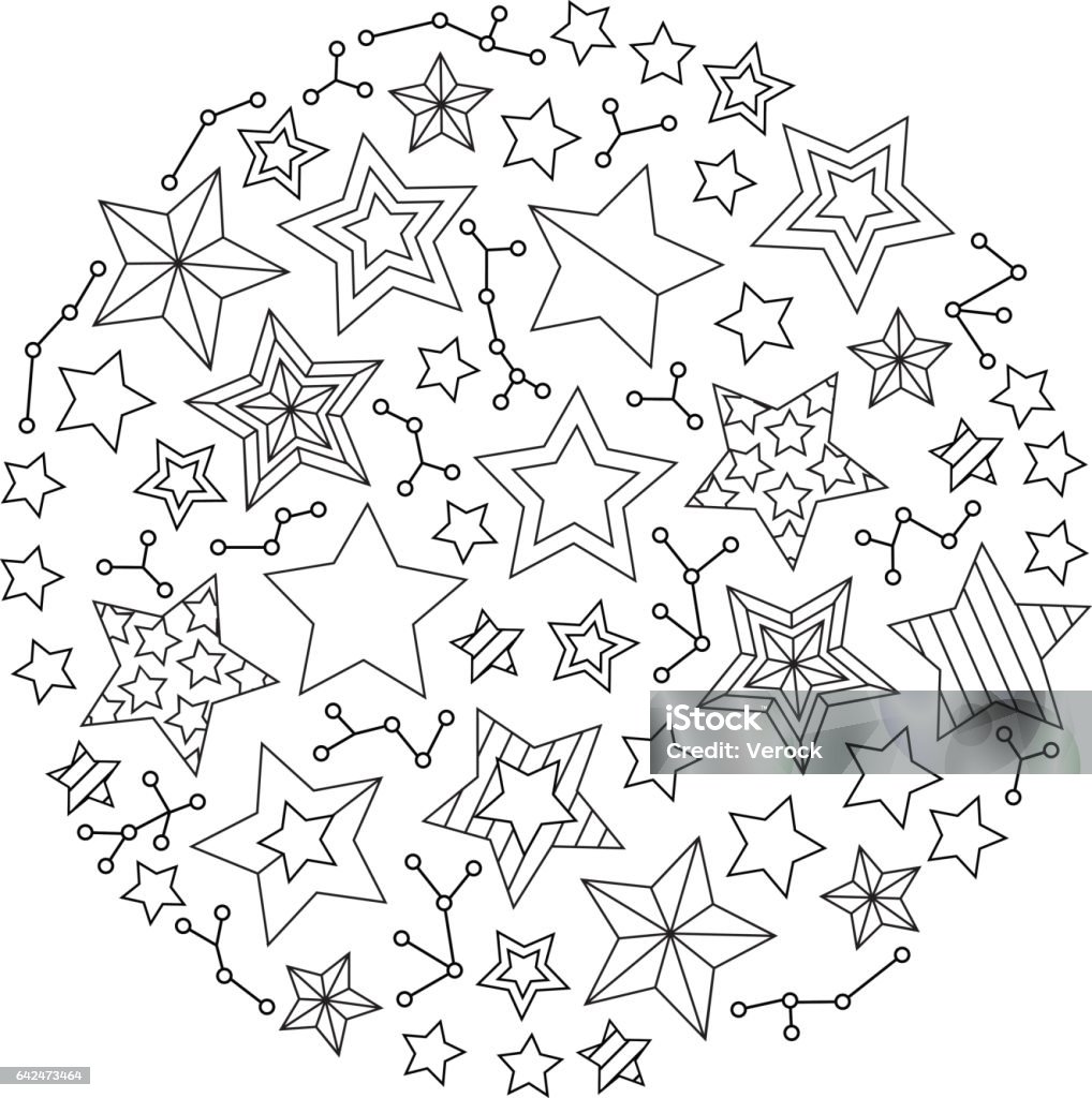 Graphic Round Mandala with stars . Graphic Round Mandala with stars . Coloring book page for adults and older children. Art vector illustration Abstract stock vector
