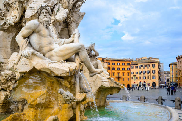 four river fountain in piazza navona, rome - piazza navona imagens e fotografias de stock