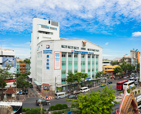 Bangkok, Thailand - June 28, 2015: Aerial exterior view of Bangkok Hospital Chinatown, the part of the nation's largest hospital group (Bangkok Hospital Group)