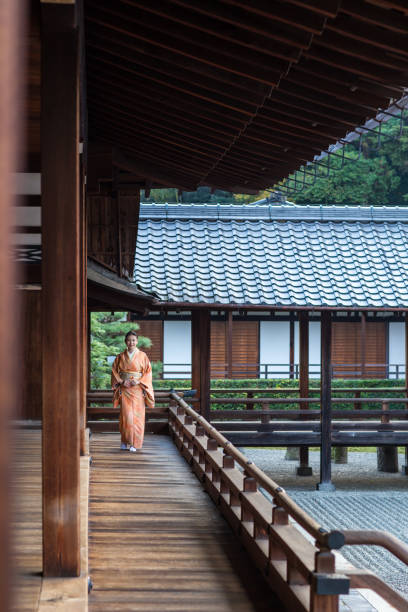 istock Woman in a kimono walking through a temple corridor 642518372