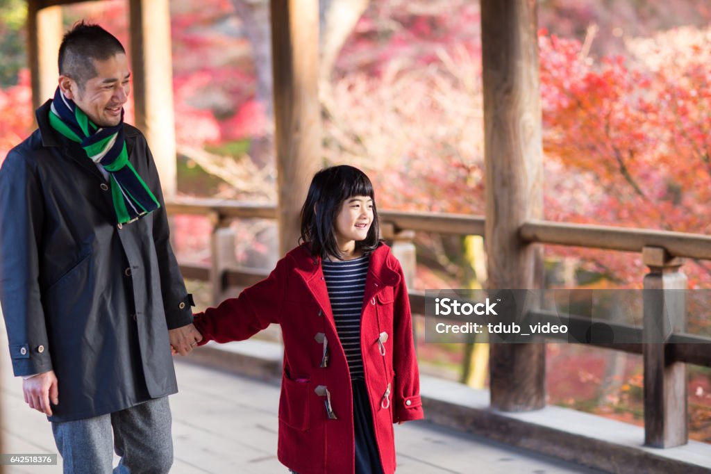 Father and daughter at a temple enjoying autumn leaves Father and daughter at a temple enjoying autumn leaves. Kyoto, Japan. December 2016 Daughter Stock Photo