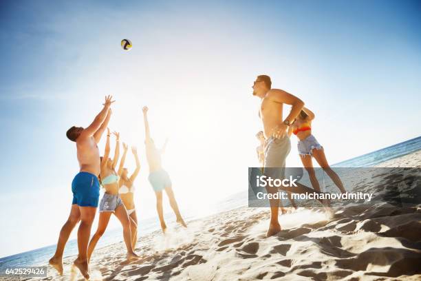 Group Friends Plays Ball Beach Sea Stock Photo - Download Image Now - Beach, Volleyball - Sport, Leisure Games