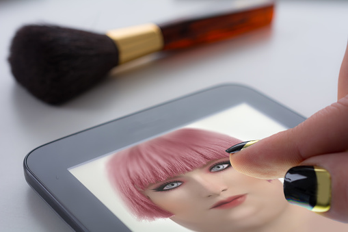 Personal perspective of mature Plus size woman watching make -up appon her desk. App is contains fictional character made by contributor in 3d app