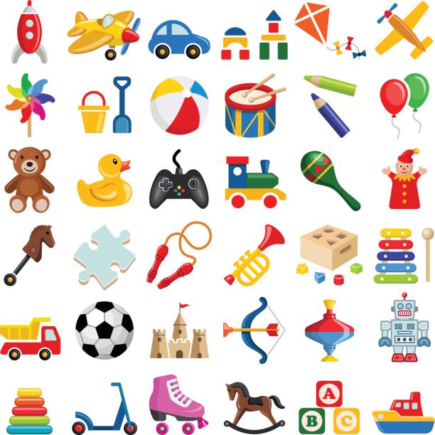 ilustraciones, imágenes clip art, dibujos animados e iconos de stock de colección de iconos de juguete - arco equipo musical