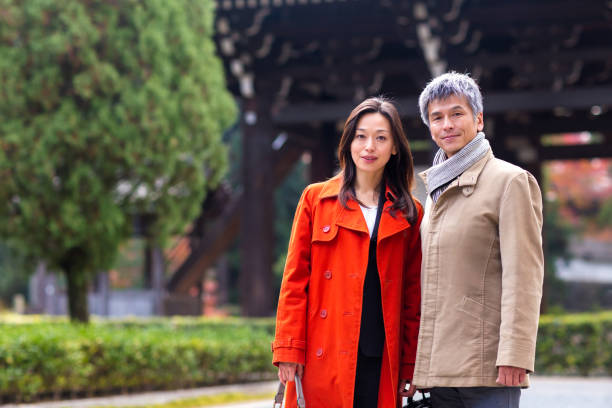 Mid adult couple walking outdoors together. Kyoto, Japan. December 2016