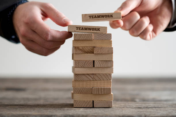 istock Wooden bricks with teamwork business signs 642549848