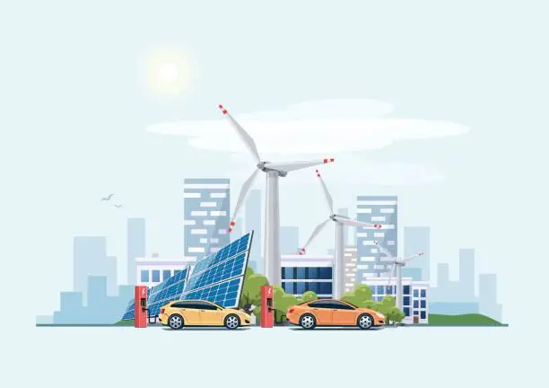 Vector illustration of Electric cars charging eco city urban theme