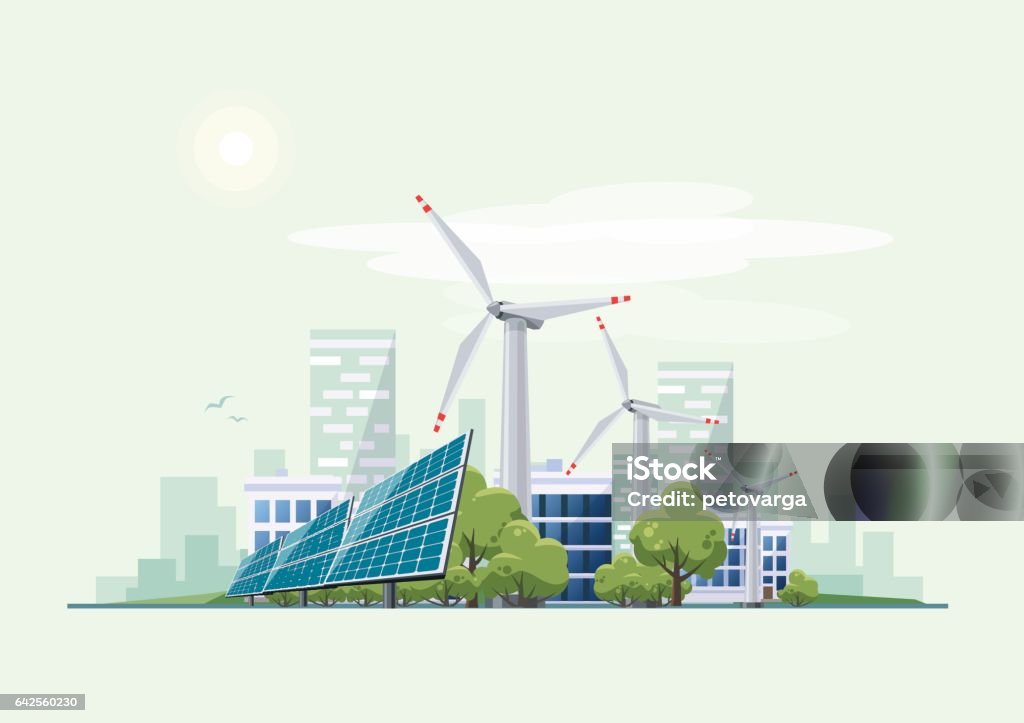 Green Eco City Urban mit Solarzellen und Windräder - Lizenzfrei Umweltschutz Vektorgrafik