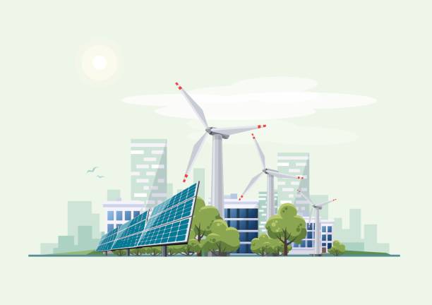 illustrazioni stock, clip art, cartoni animati e icone di tendenza di green eco city urban con pannelli solari e turbine eoliche - energia rinnovabile