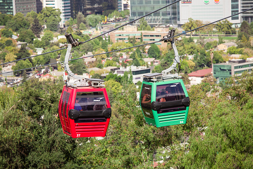 Santiago, Chile - February 9, 2017: Cerro San Cristobal Aerial Cableway and Providencia district at background