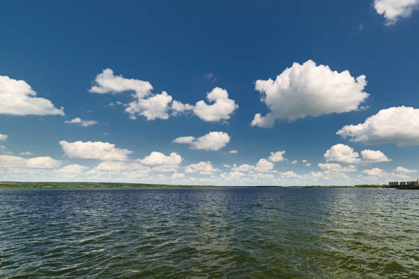 istock Clean lake and beautiful blue sky with clouds 642566302