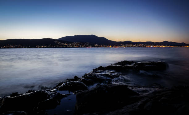 Night view from Tranmere on the River Derwent in Hobart, Tasmania stock photo