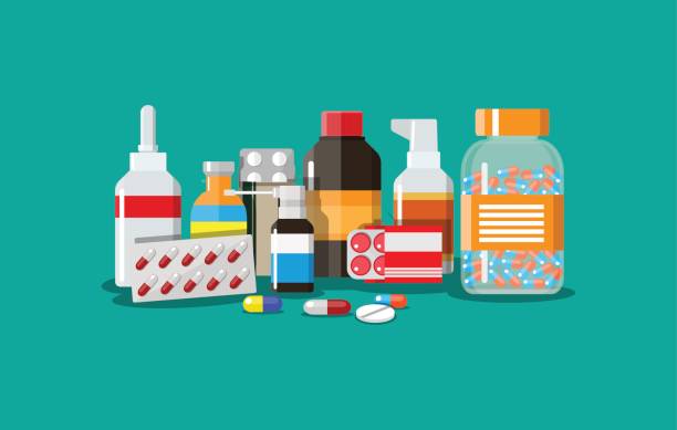 verschiedene medizinische pillen und flaschen - pill capsule prescription pill bottle stock-grafiken, -clipart, -cartoons und -symbole