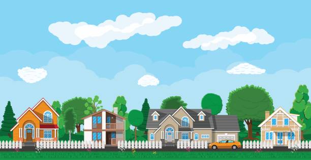 Private suburban houses with car Private suburban houses with car, trees, road, sky and clouds. Village. Vector illustration in flat style residential district illustrations stock illustrations